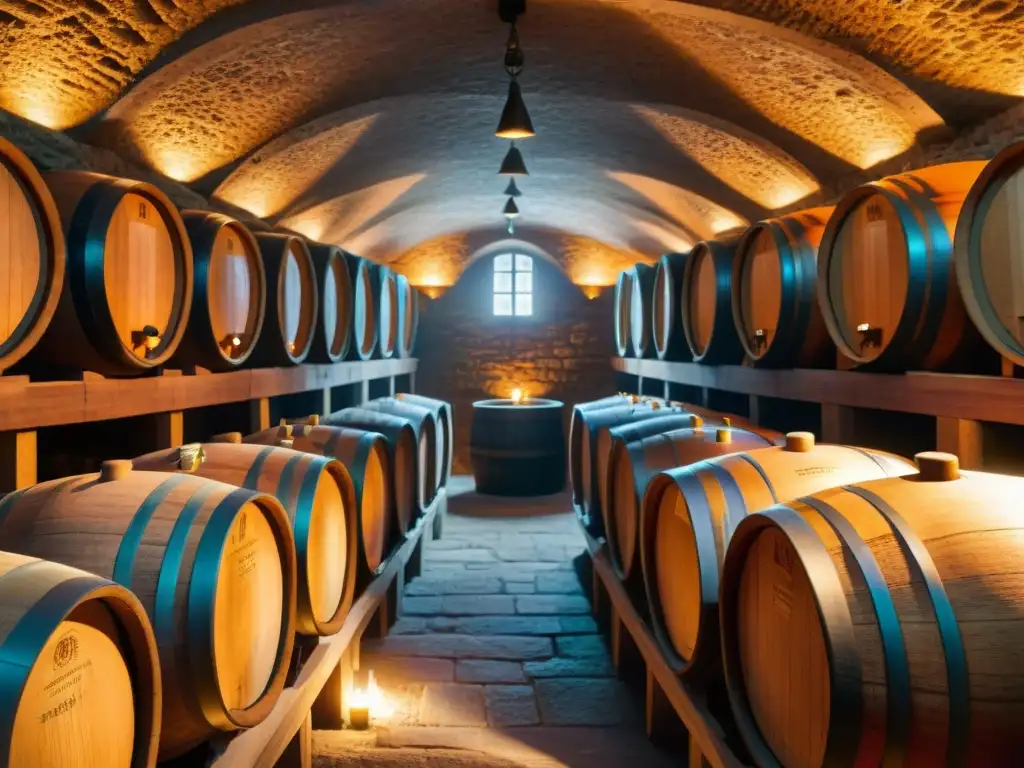 Secreto vinos europeos assemblage gourmet: bodega elegante con barricas de roble y luz cálida en las paredes de piedra