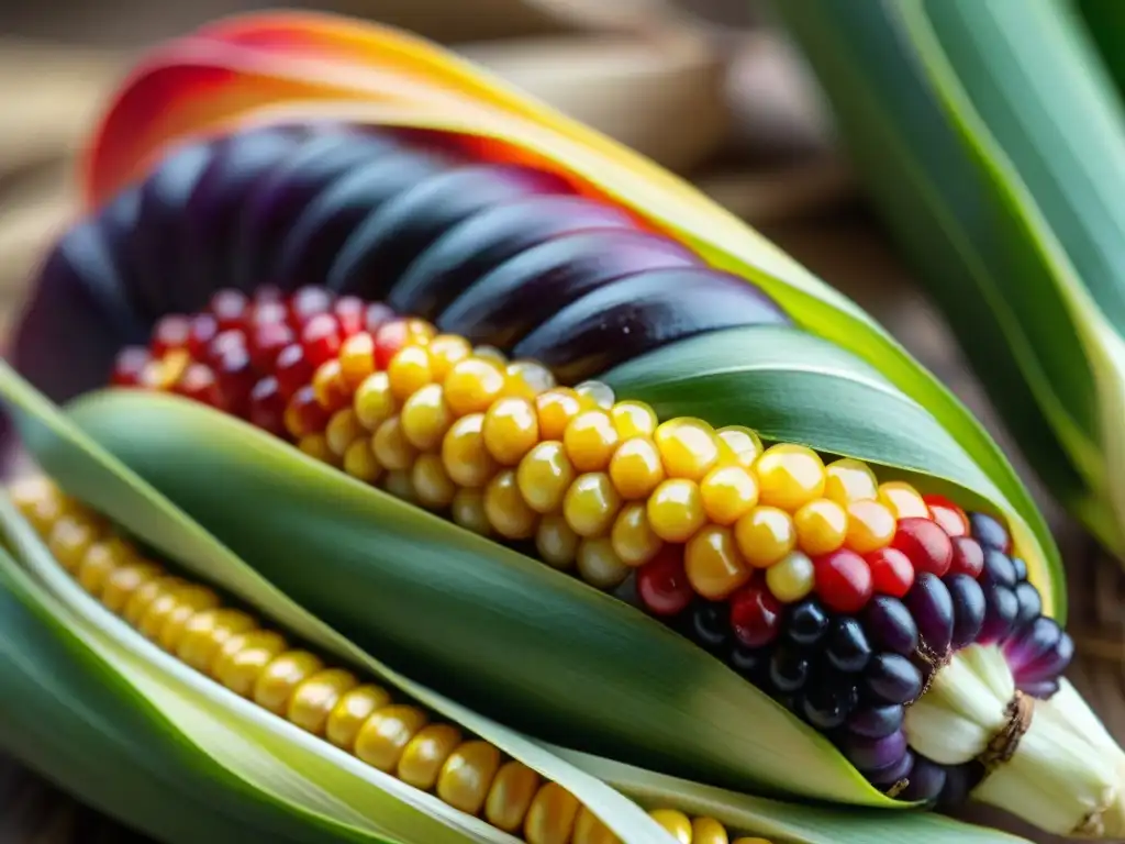 Los secretos del maíz en cocina: Detalle vibrante de una mazorca mexicana con granos amarillos, rojos y morados brillantes bajo la luz dorada del sol