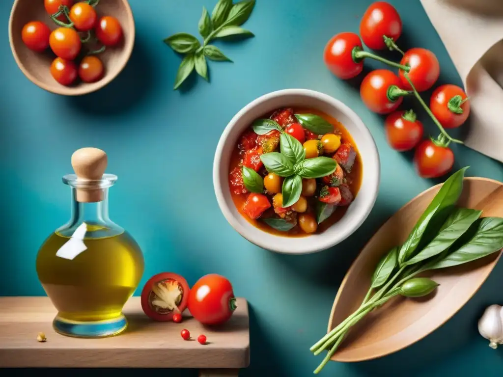 Secretos Mediterráneos: mesa rústica con ingredientes frescos y mortero, capturando la esencia de salsas y aderezos perfectos