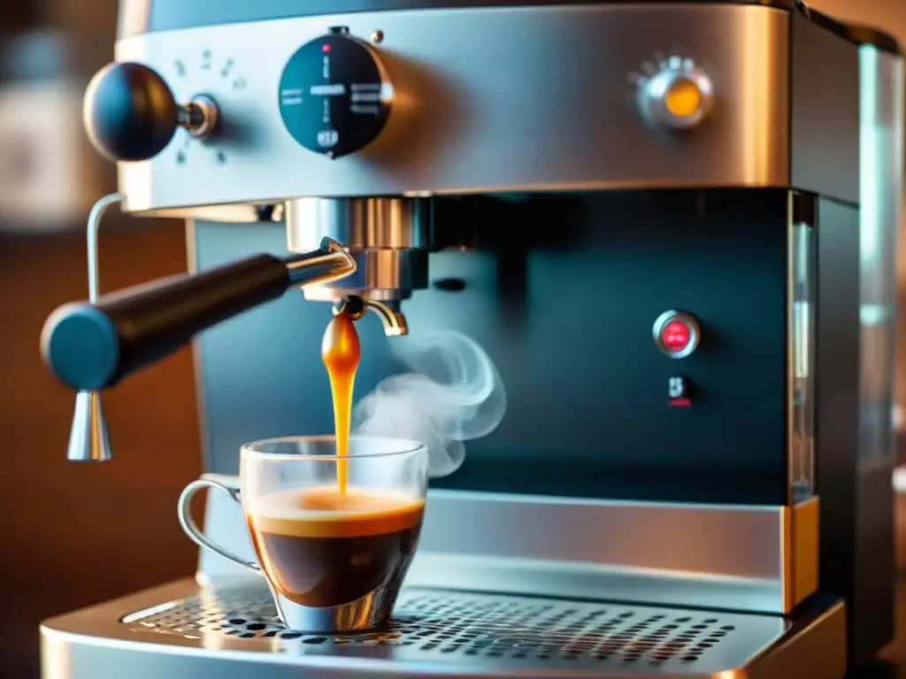 Secretos de extracción espresso perfecta: Máquina de café en acción, detalle del café recién molido y el rico espresso fluyendo