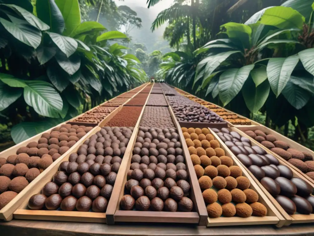 Secretos de sabor profundo en la elaboración artesanal de chocolate, con cacao secándose en la exuberante selva tropical