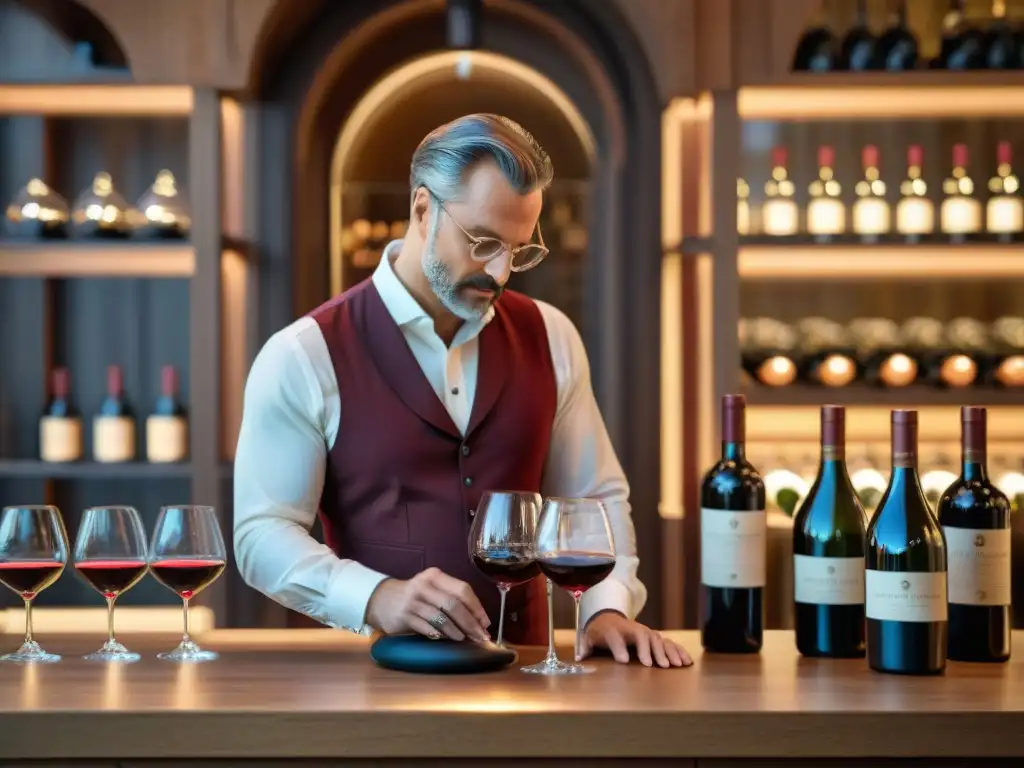 Secretos vinos europeos assemblage gourmet: Maestro en bodega decanta vino tinto en elegante jarra cristal