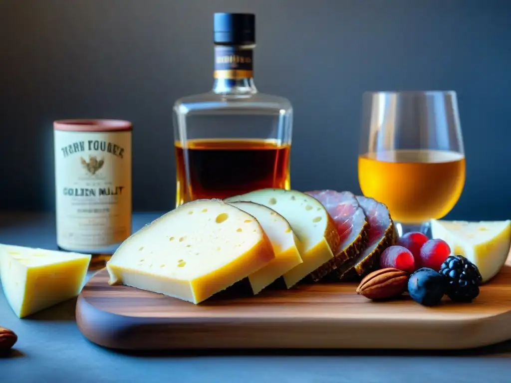 Secretos de un whisky single malt profunda: refinado vaso junto a exquisita tabla de quesos y embutidos