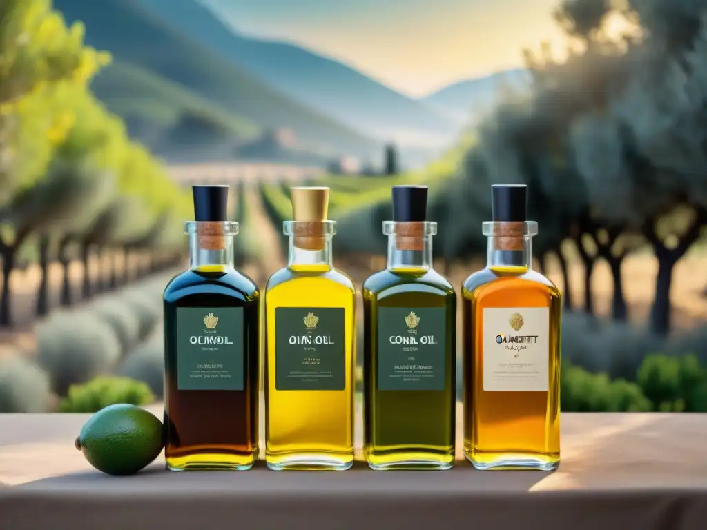 Una selección de aceites gourmet en botellas de vidrio elegantes, rodeadas de olivares bajo el sol mediterráneo