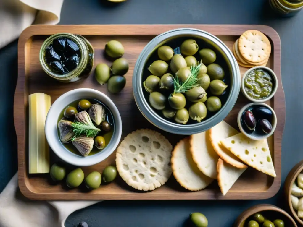 Una selección de conservas gourmet en lata, sabores exquisitos elegantemente presentados en una tabla de madera rústica