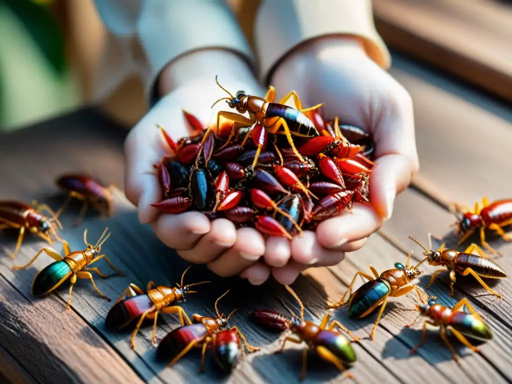 Selección cuidadosa de chapulines insectos comestibles gourmet en un fondo rústico de madera