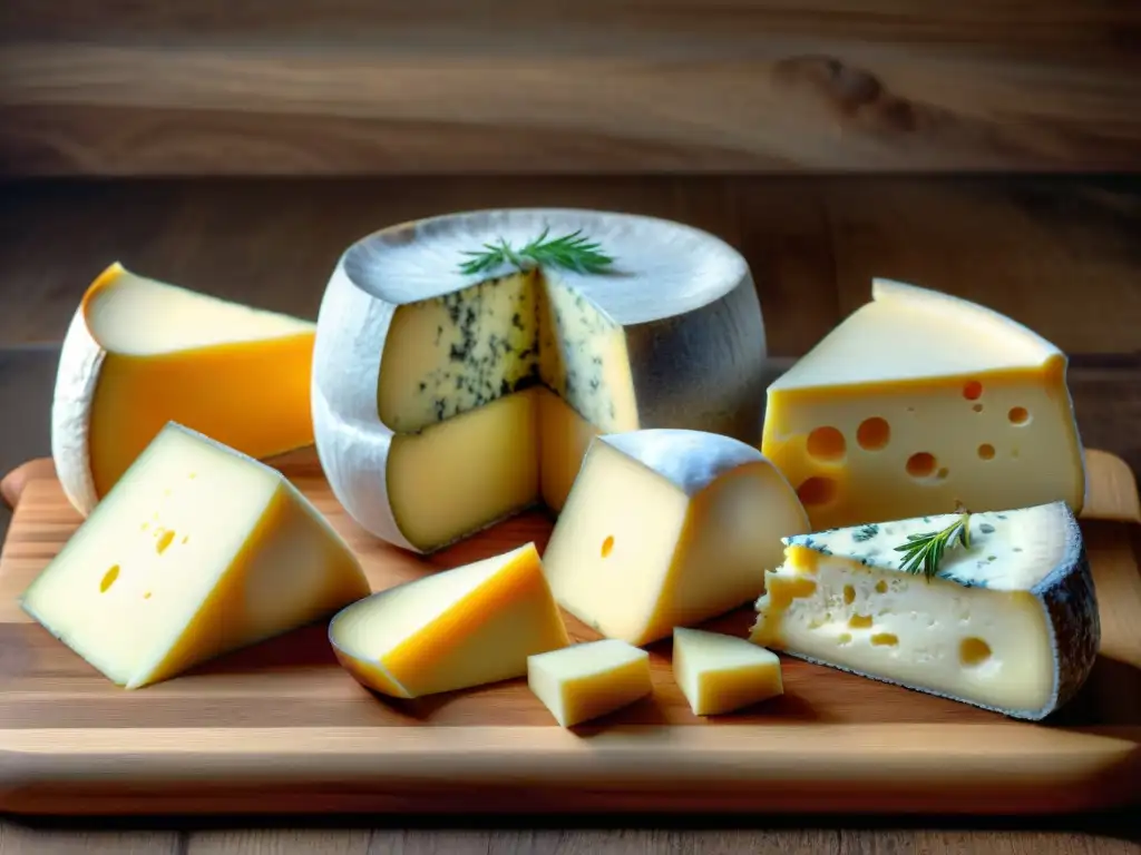 Delicias alpinas: tabla de quesos artesanales suizos Una selección exquisita de quesos alpinos artesanales en tabla de madera, destacando la excelencia quesera de Europa gourmet