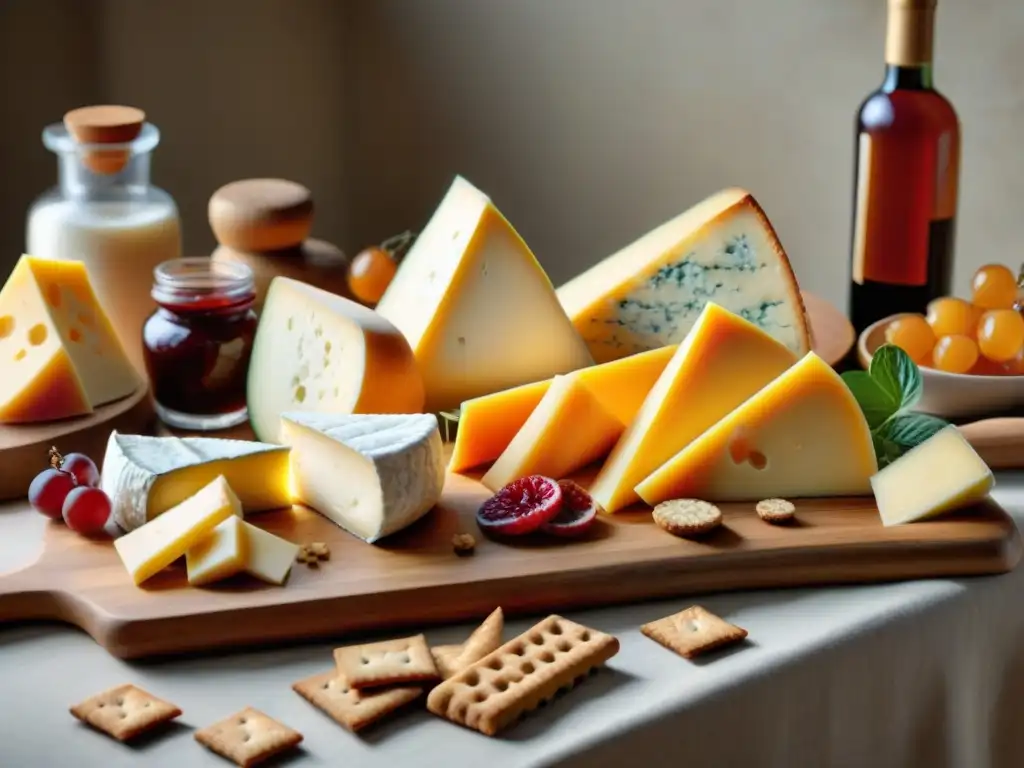 Una selección exquisita de quesos internacionales en una tabla de madera, rodeada de crackers, frutas y mermeladas artesanales en una cocina rústica