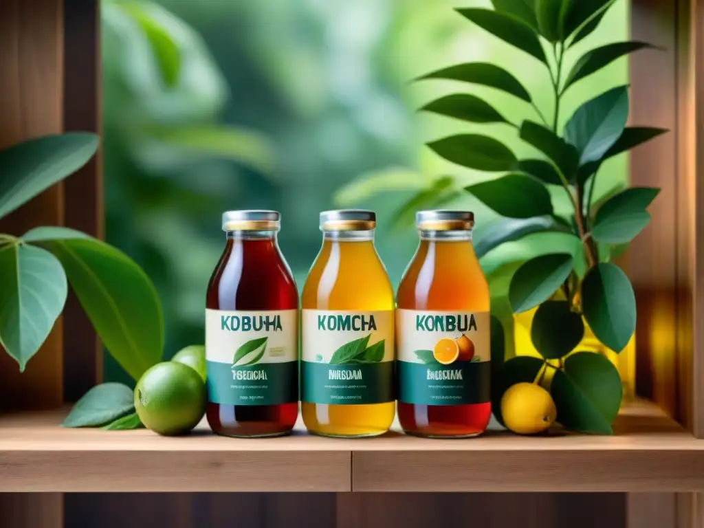 Variedad de Kombuchas exóticas en estantería moderna Una selección perfecta de Kombucha exhibida en estantes de madera modernos, rodeada de exuberante vegetación