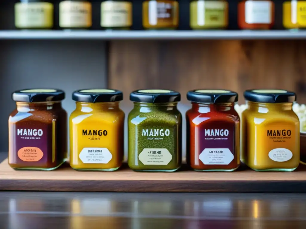 Una selección vibrante de sabores internacionales en salsas y aderezos gourmet en elegantes frascos y cuencos sobre mesa de madera rústica