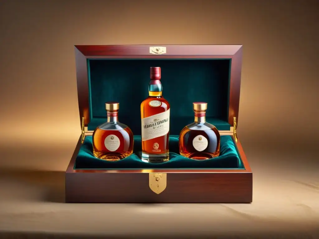 Una selección de whisky en caja regalo de lujo, botellas premium con etiquetas detalladas sobre terciopelo oscuro, sofisticación y exclusividad