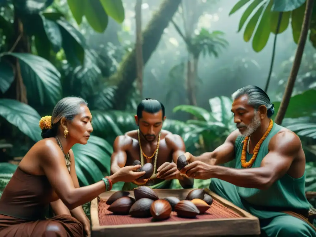 Mayan elders selecting ripe cacao pods in a lush forest