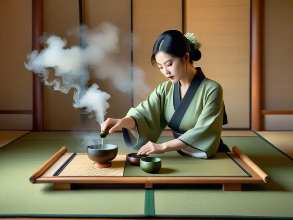 Una serena ceremonia del té japonés en una habitación tradicional, con un maestro sirviendo té verde en elegantes tazas de porcelana