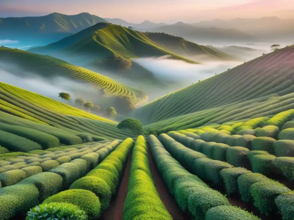 Plantación de té serena al amanecer, con filas de arbustos verdes bajo un cielo rosado