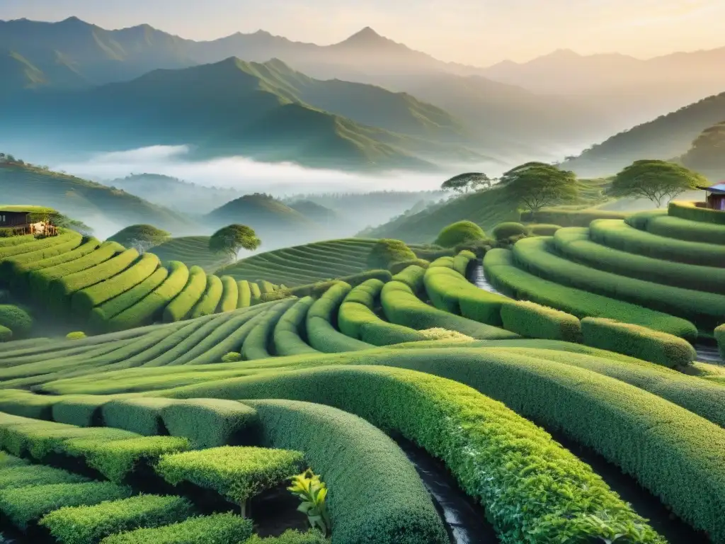 Un jardín de té sereno al amanecer, con arbustos verdes y frescos, una casa de té tradicional y montañas envueltas en niebla