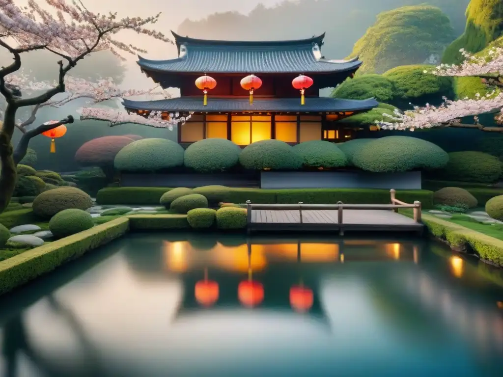 Un jardín de té sereno al atardecer con árboles de cerezo en flor, peces koi y una casa de té japonesa