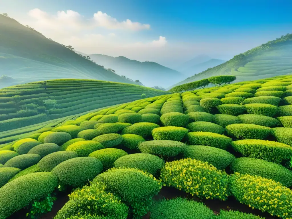 Un jardín de té sereno en plena floración, con arbustos verdes alineados bajo el sol