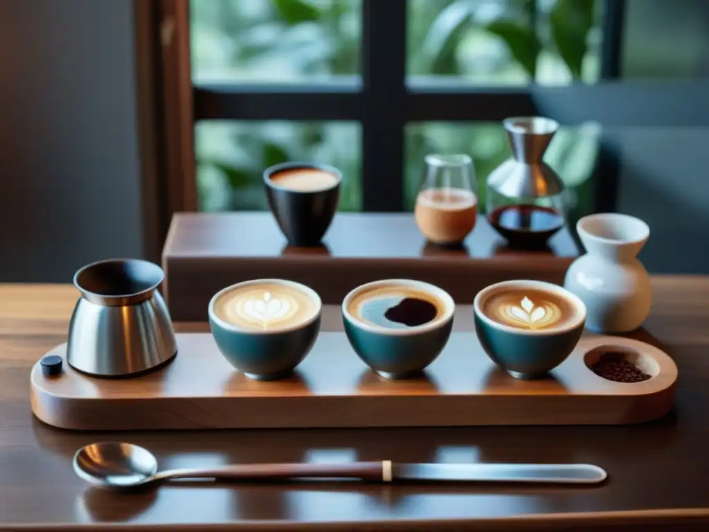 Un set de catado de café profesional en casa, con accesorios elegantes sobre una mesa de madera