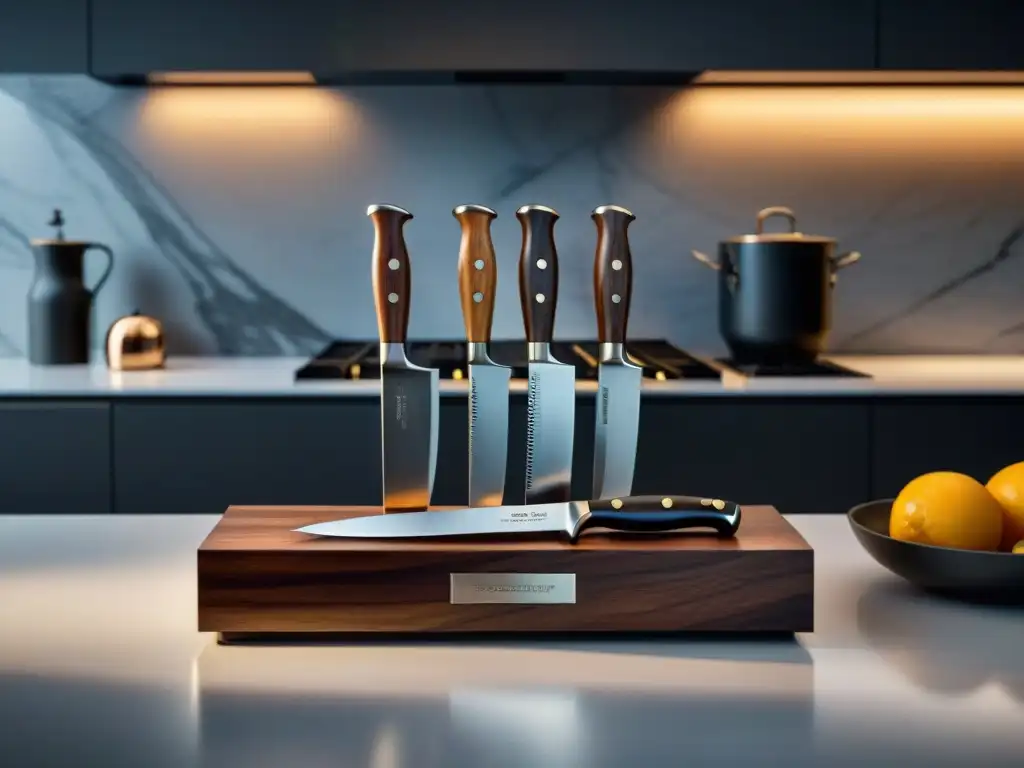 Un set de cuchillos innovadores de diseñador sobre un elegante mostrador de cocina moderna