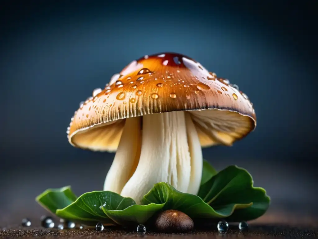 Un shiitake brillante con gotas de agua sobre fondo oscuro destaca su textura terrosa y sabor umami