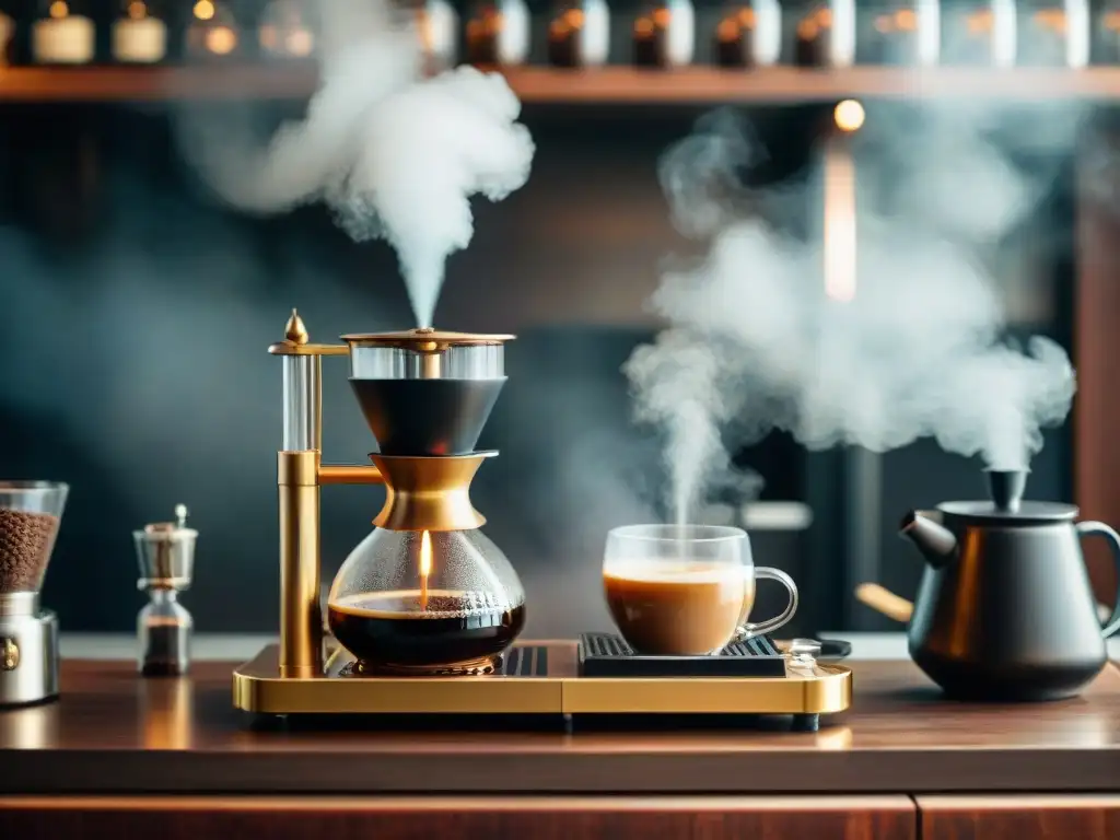 Un sifón de café vintage en acción, con vapor, granos de café y una atmósfera alquímica y exquisita