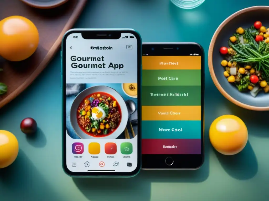 Un smartphone moderno muestra una app de cocina gourmet con platos coloridos y detallados