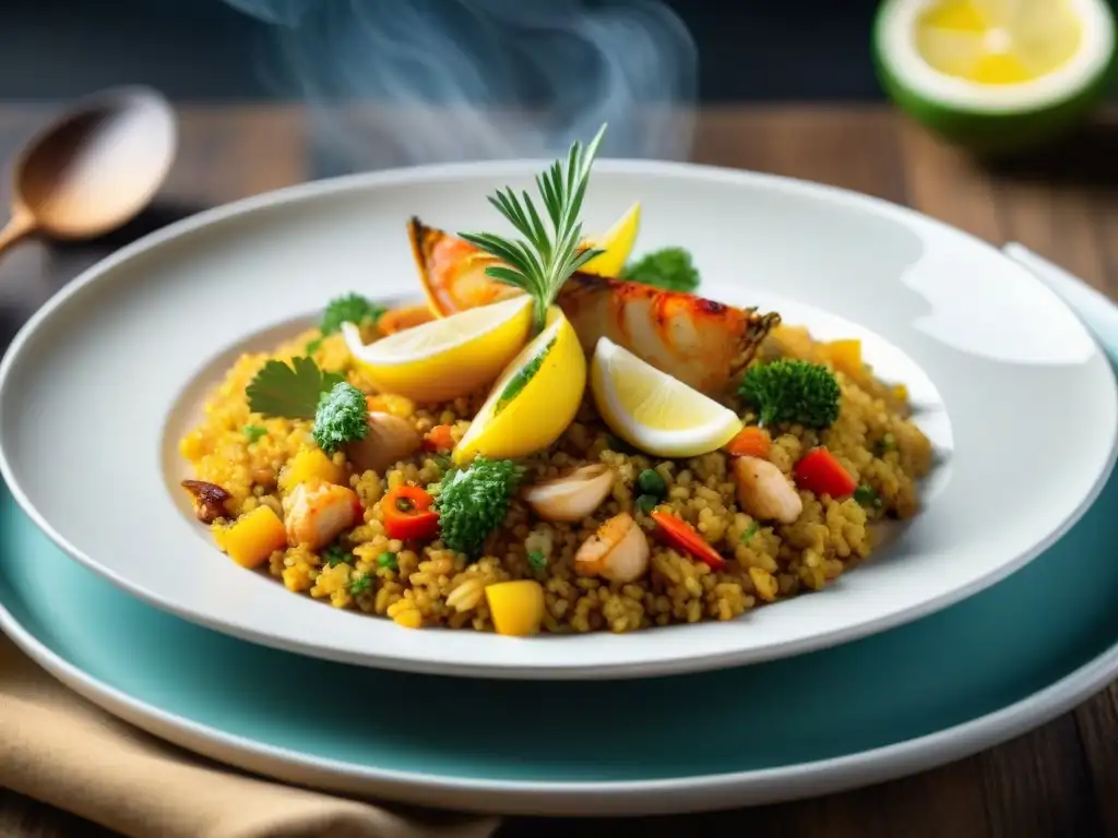 Un sofisticado plato de Paella Valenciana con Quinoa, una fusión innovadora de platos tradicionales gourmet