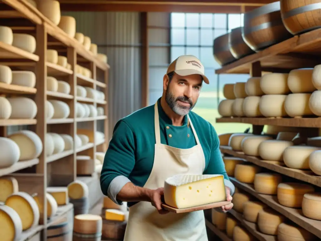 El sol ilumina la artesanía de quesos gourmet en una granja láctea rústica americana