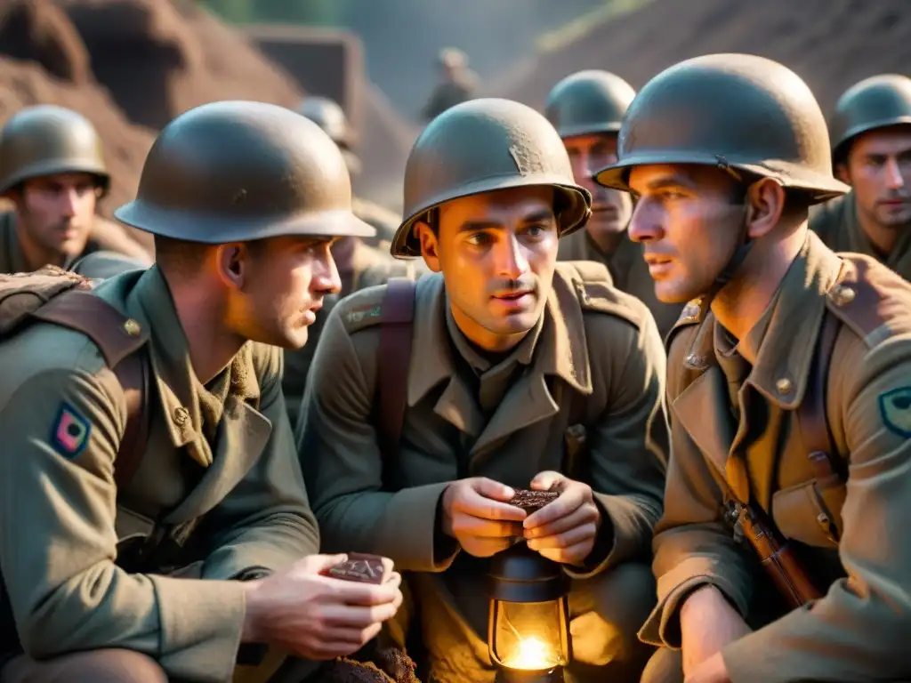 Soldados comparten chocolate como consuelo en guerra, en una imagen hiperrealista de camaradería en una trinchera iluminada