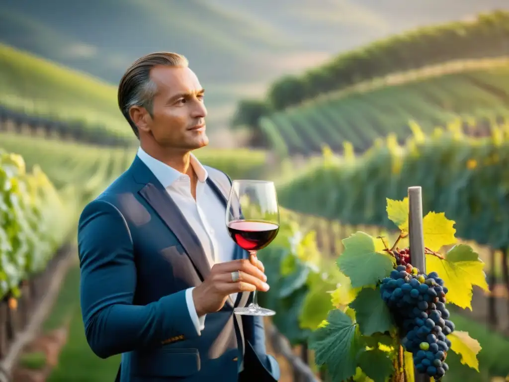 Un sommelier concentrado sostiene una copa de vino tinto, con un viñedo al atardecer