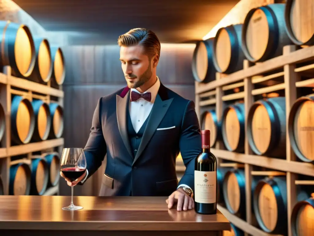 Un sommelier vierte vino tinto en copa de cristal en bodega elegante