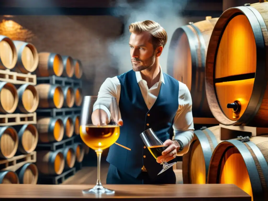 Un sommelier estudioso observa un vino naranja en un ambiente de bodega, reflejando una tendencia enólogos innovación