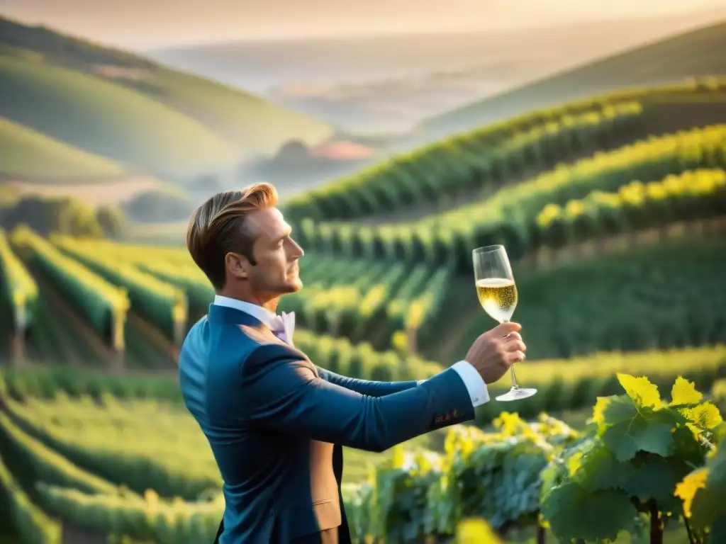 Un sommelier experto sirviendo Champagne en un viñedo, ideal para maridajes gourmet viñedos Champagne