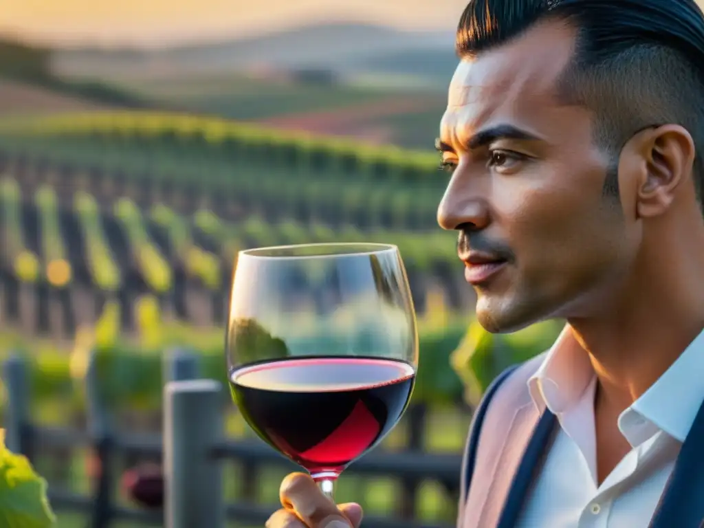 Un sommelier experto disfrutando un Malbec en una viña al atardecer