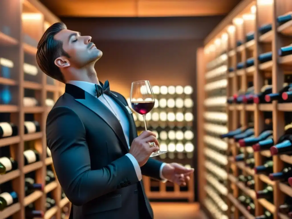 Un sommelier experto examina el vino en bodega elegante