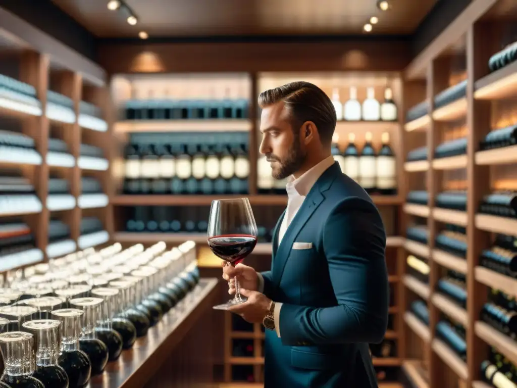 Un sommelier experto analiza un vino tinto en una elegante sala de degustación