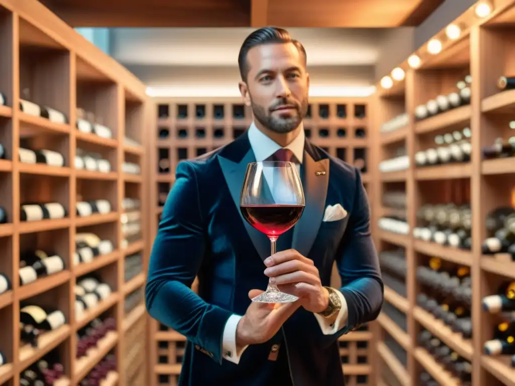 Un sommelier experto remolinea un vino tinto en una copa de cristal en una elegante bodega iluminada, creando una experiencia sensorial inmersiva