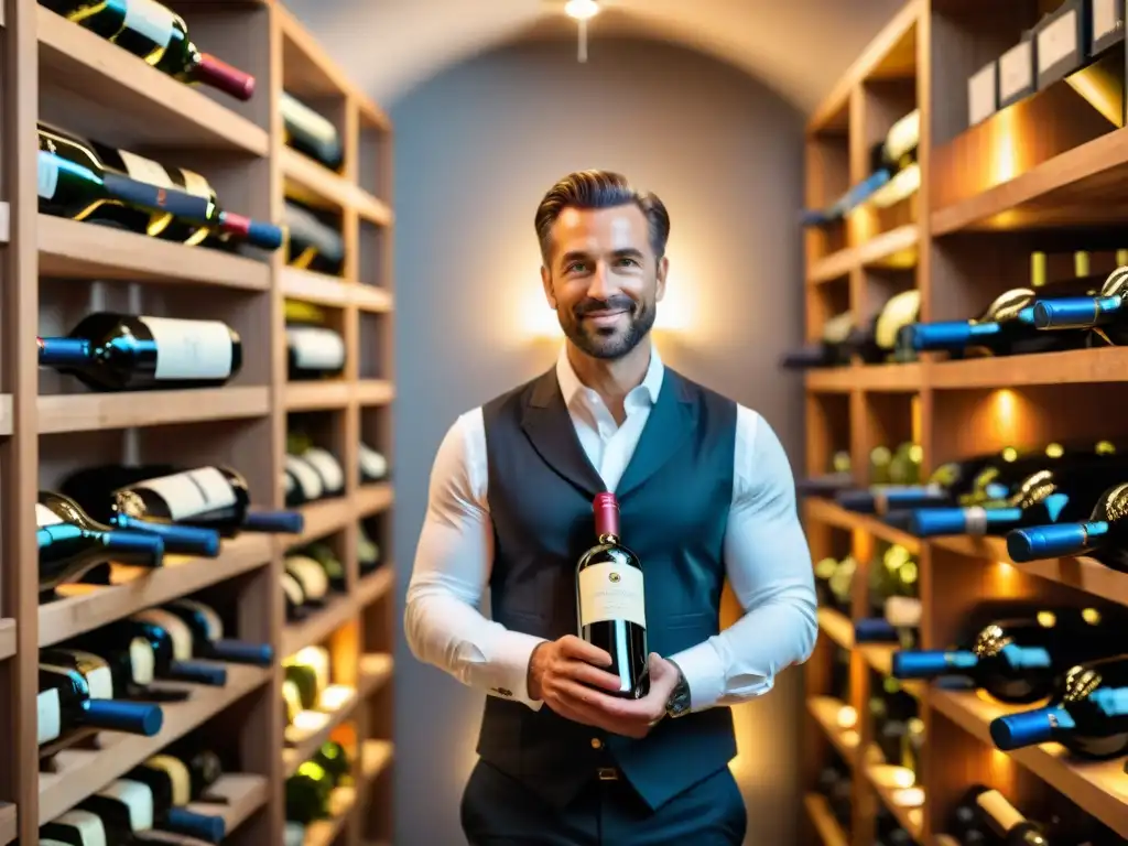 Un sommelier experto selecciona vinos para cajas de suscripción personalizadas, mostrando dedicación y expertise