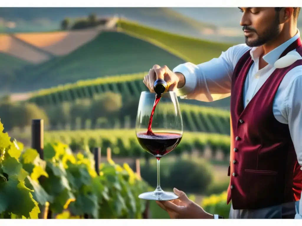Degustación de Malbec: Elegancia y expertise en un brindis sublime Un sommelier vierte un Malbec en copa cristalina en un viñedo al atardecer