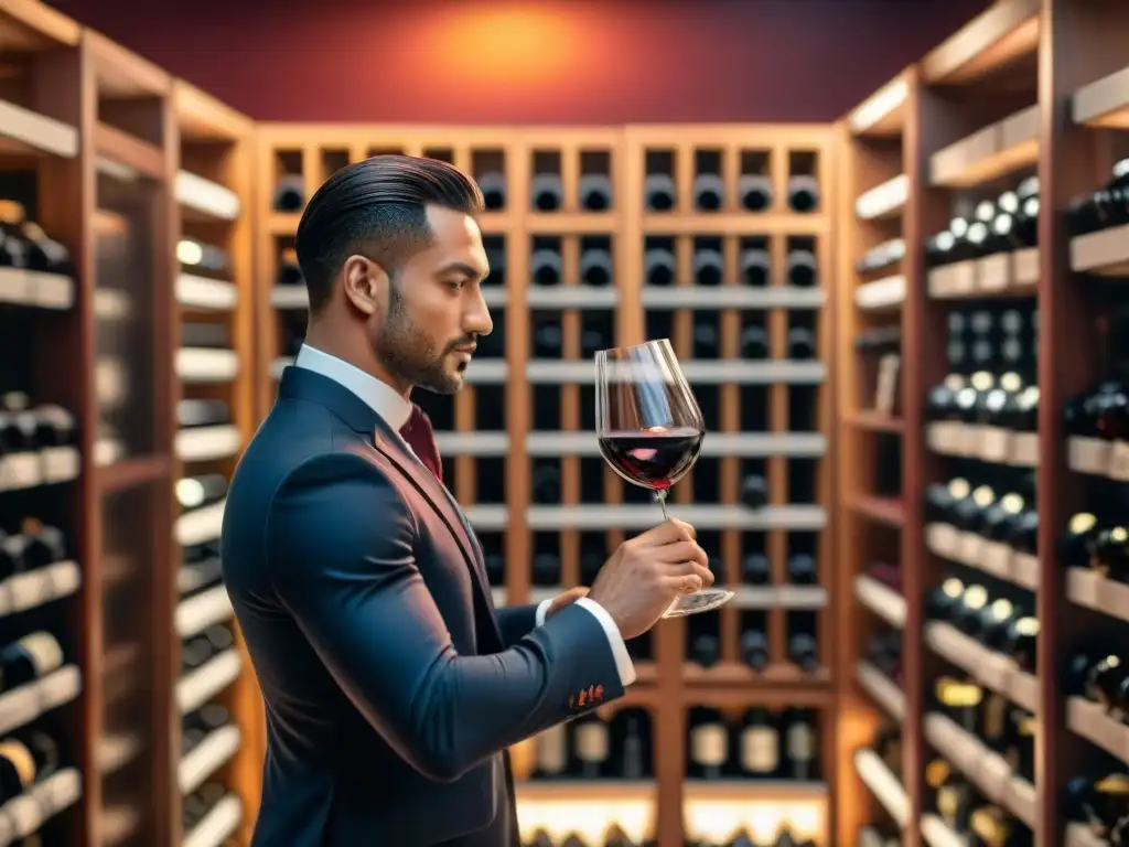 Un sommelier vierte con precisión un vino tinto en una copa de cristal, en una bodega lujosa