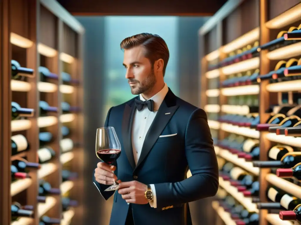 Un sommelier profesional examina vinos en una bodega elegante