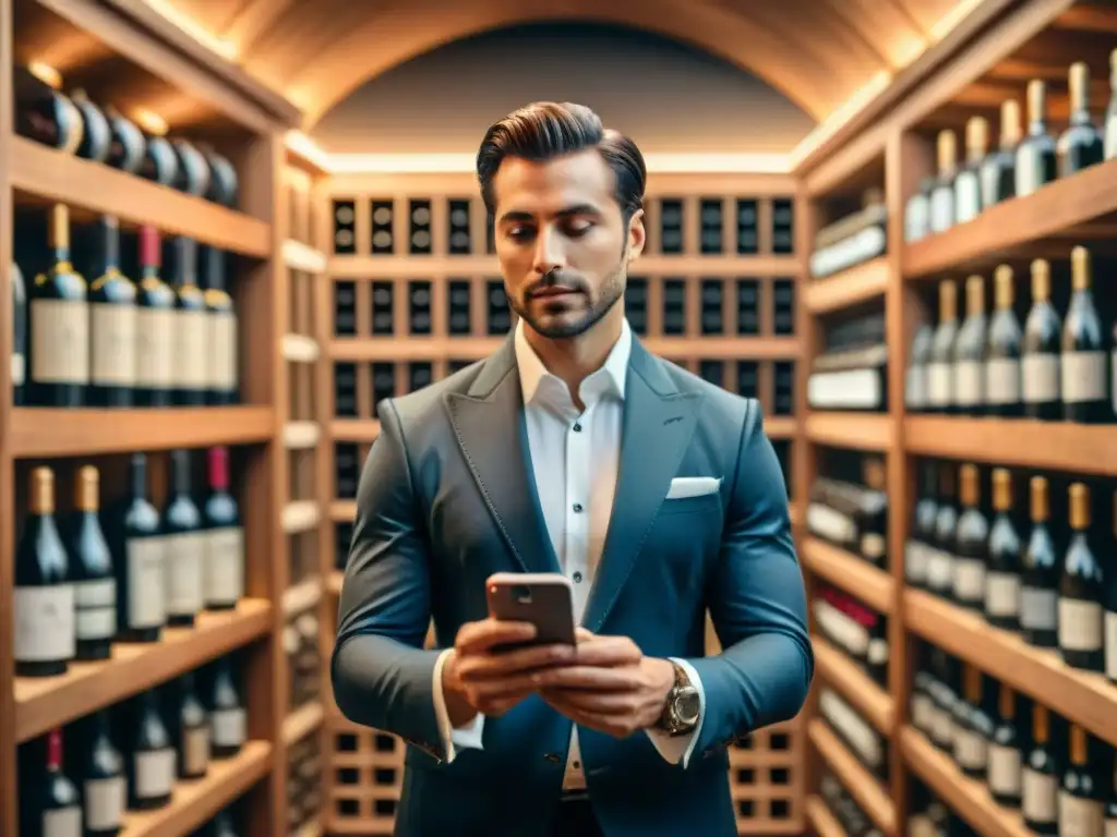 Un sommelier sofisticado en una bodega elegante con una app de vinos