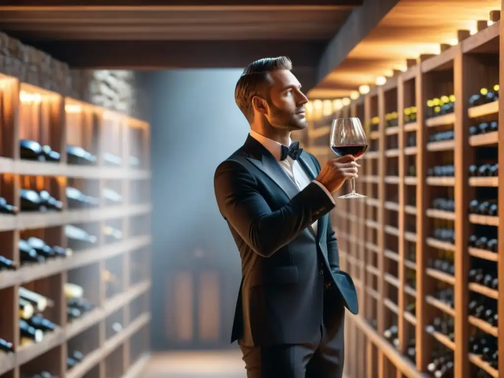 Un sommelier examina el vino en una bodega elegante, transmitiendo expertise y lujo