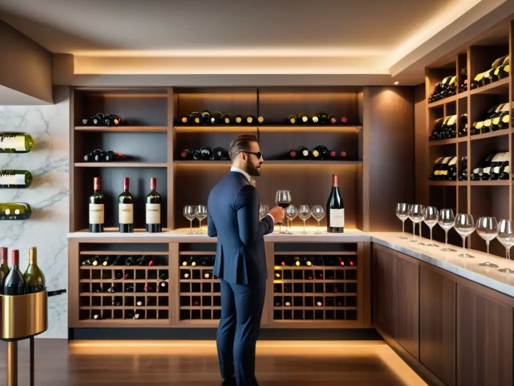 Un sommelier sirviendo vino en una elegante sala de cata con estantes llenos de botellas de vino, luces suaves y copas de cristal