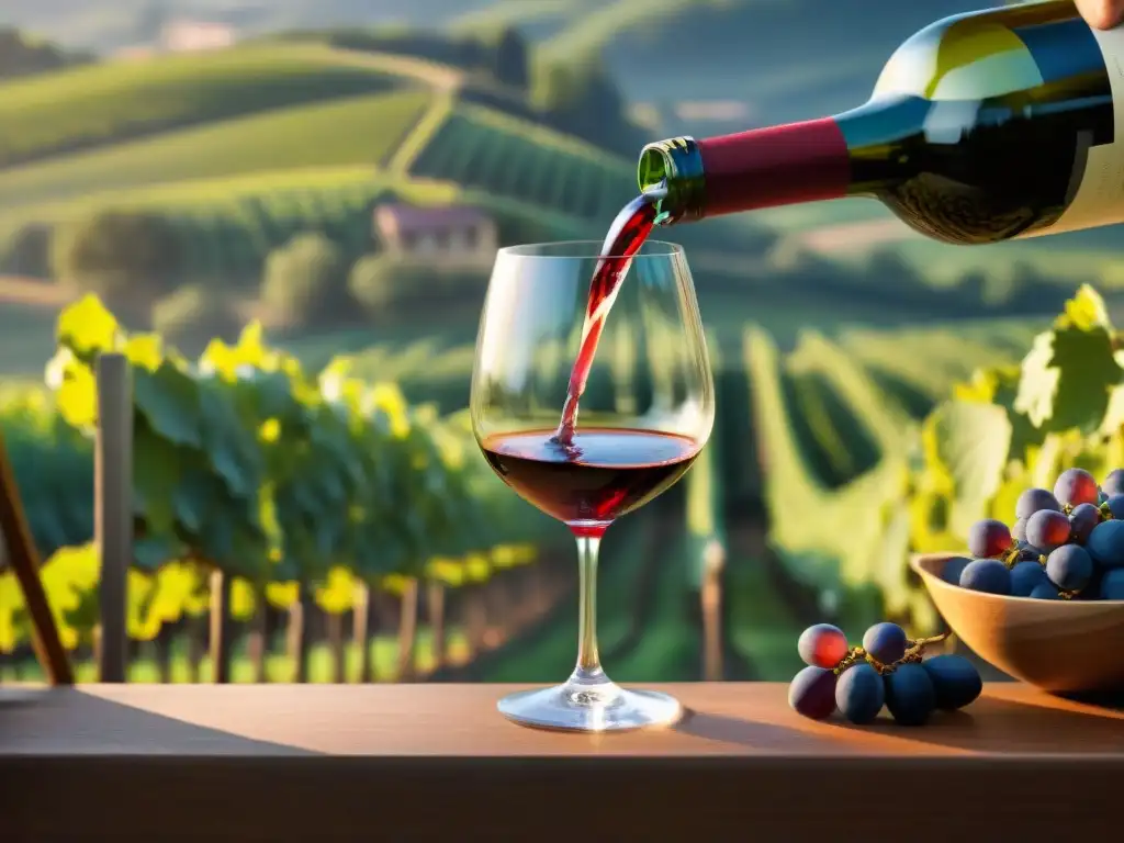 Exclusiva degustación de vino en viñedo al atardecer Un sommelier vierte un vino rojo profundo en una copa de cristal, con viñedos al fondo