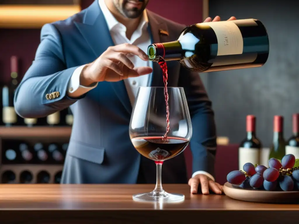 Un sommelier decantando vino tinto, maximizando aromas con elegancia y expertise