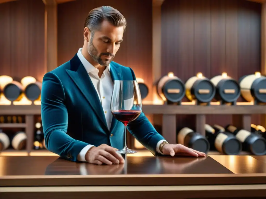 Exquisita imagen de un sommelier sirviendo vino tinto en una bodega lujosa Un sommelier vierte un vino tinto en una copa de cristal en una lujosa bodega, para catas privadas vino cambio paladar
