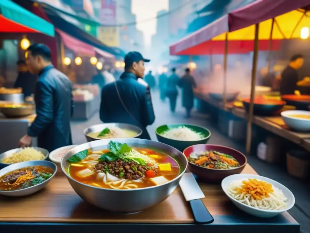 Sopas callejeras asiáticas gourmet en bullicioso mercado callejero, con ingredientes coloridos y aromáticos, clientes curioseando