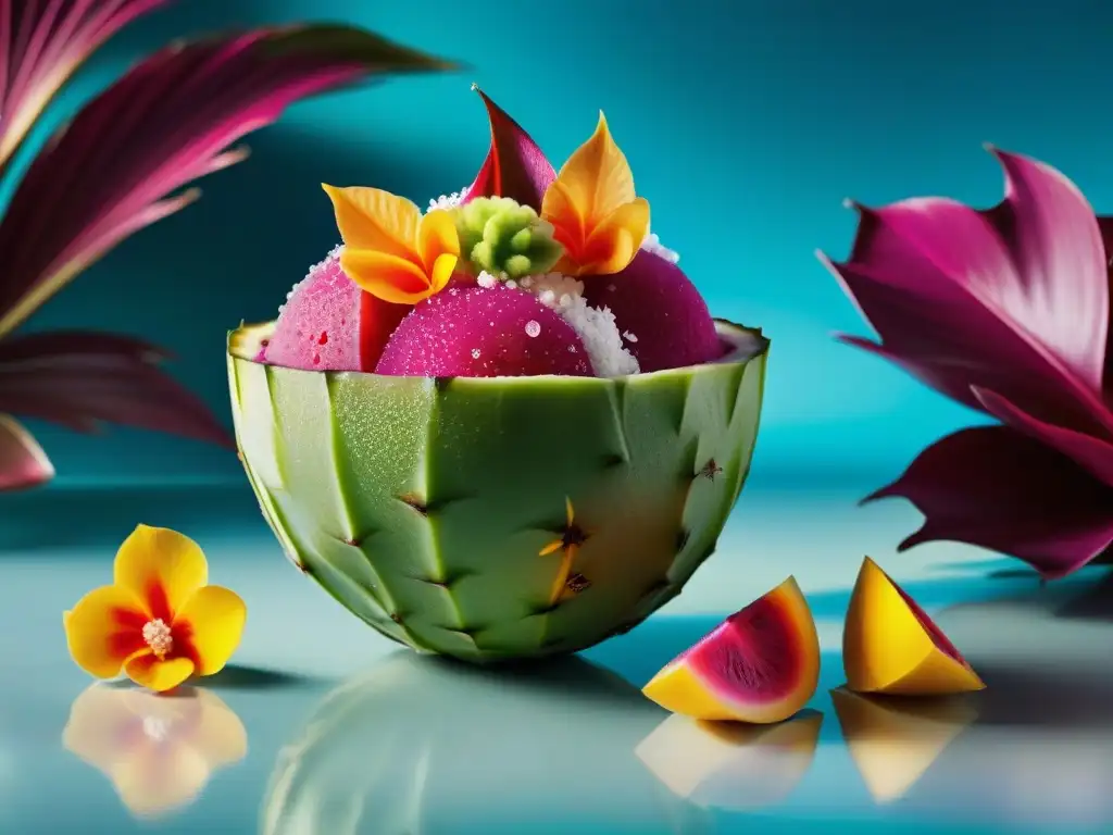 Sorprendente helado exótico en cáscara de pitahaya con flores comestibles y hojas verdes, en ambiente lujoso y tropical