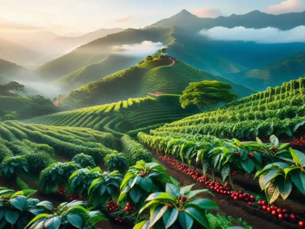 Plantación de café sostenible al amanecer: cafés responsables sostenibilidad catado